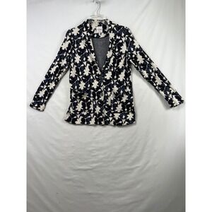 NIC+ZOE Knit Blazer Women PS Navy Blue Cream Abstract Floral Two Button Jacket